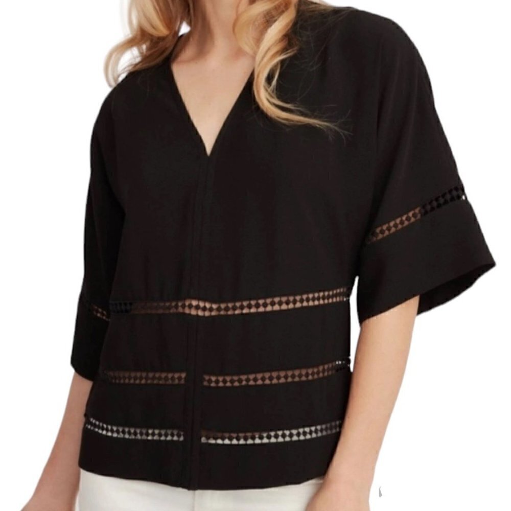 Stella & Dot Boho Maette Hdye V Neck Black Top Sz S/XS​​​​​​​​​​​​​​​​